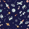 SALE 100% Cotton Fabric Lewis & Irene Space Glow Satellite Rockets Dark Blue 112cm Wide