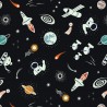 SALE 100% Cotton Fabric Lewis & Irene Space Glow Satellite Rockets Black 112cm Wide