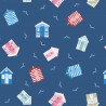 SALE 100% Cotton Fabric Lewis & Irene Beach Huts Coastal Dark Blue 112cm Wide