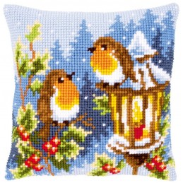 Printed Cross Stitch Cushion: Robins at The Christmas Lantern