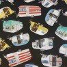 (REMNANT) 100% Cotton Fabric Caravans Campers Retro Vintage Tossed Black Approx 53cm x 55cm
