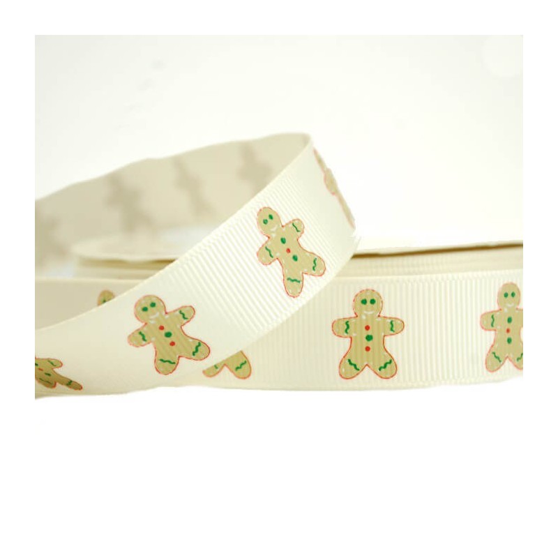 Christmas Festive Gingerbread Man 19mm Grosgrain Ribbon In White And Red