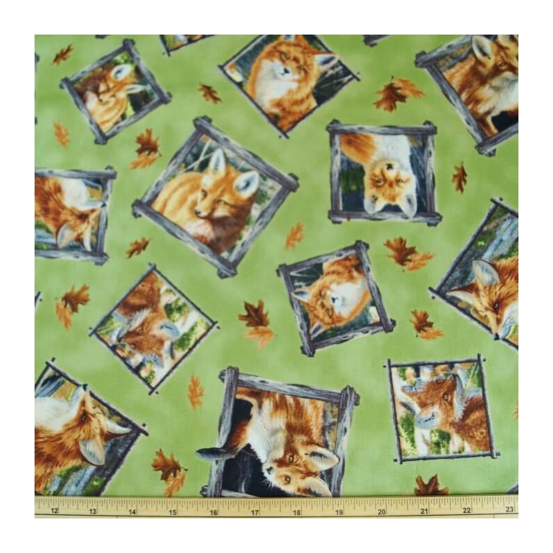 Out Of The Den Fox Faces In Squares Green 100% Cotton Dress Fabric 