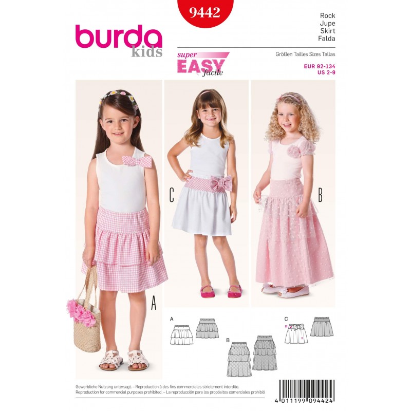 Burda Kids Girls Gypsy Skirts Tulle Fabric Sewing Pattern 9442