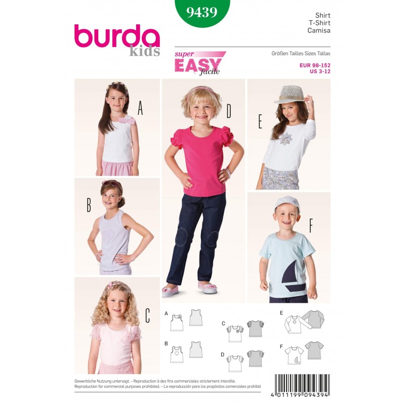 Burda Kids Girls Sleeved & Sleeveless Tops Fabric Sewing Pattern 9439