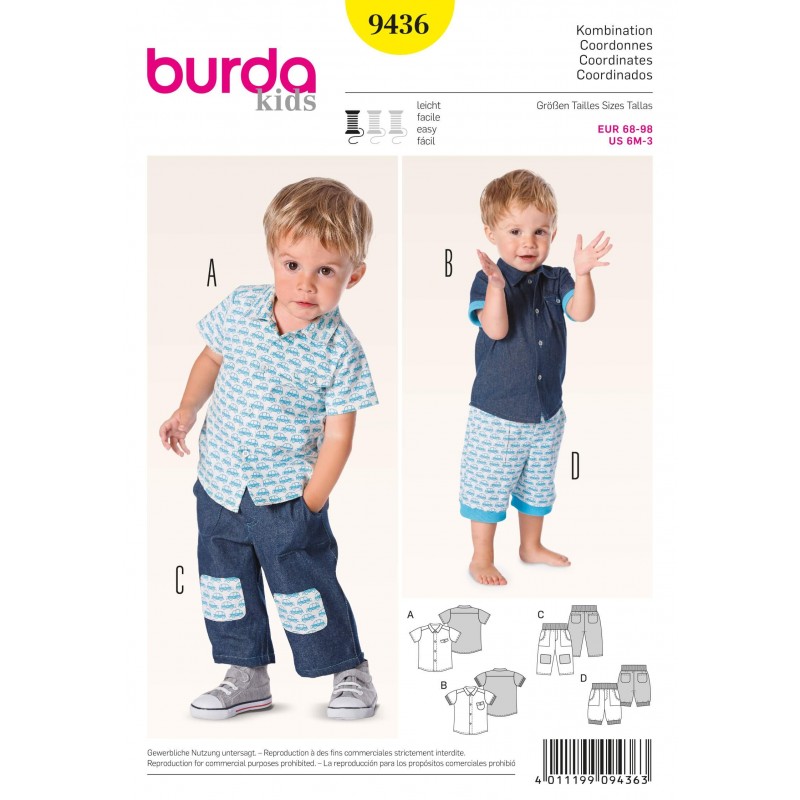 Burda Kids Boys Shirts Trousers Fabric Sewing Pattern 9436