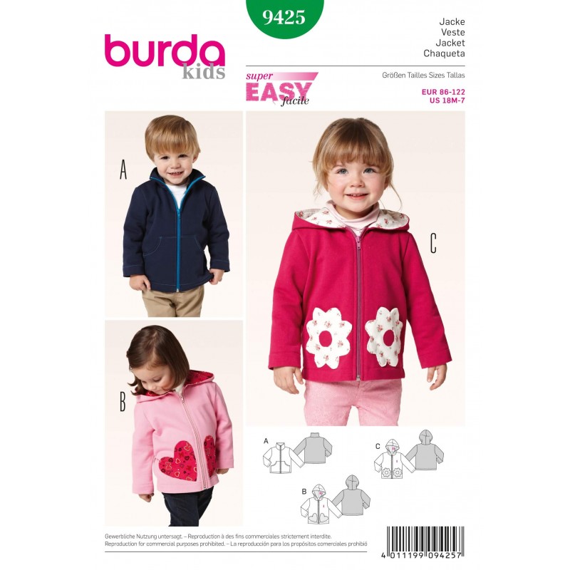 Burda Kids Jacket Trio Fabric Sewing Pattern 9425