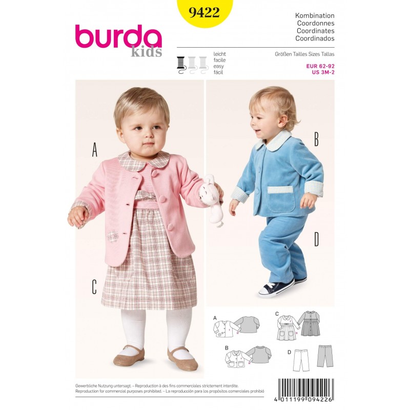 Burda KidsBaby Toddler  Jacket Dress Trousers Fabric Sewing Pattern 9422