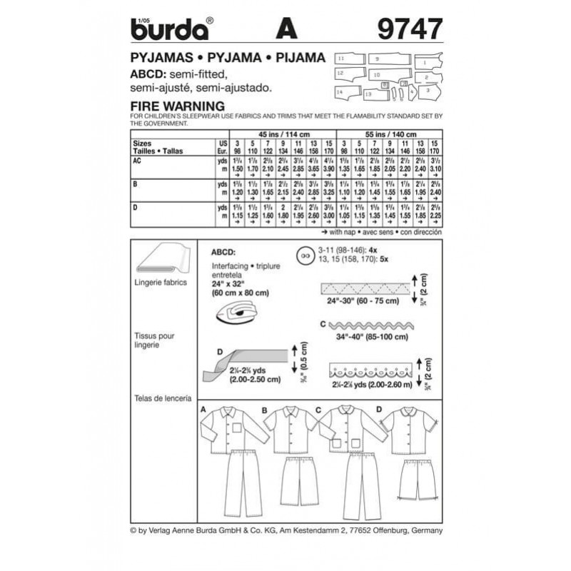 Burda Kids Girl Boy Teens Pyjamas PJs Fabric Sewing Pattern 9747
