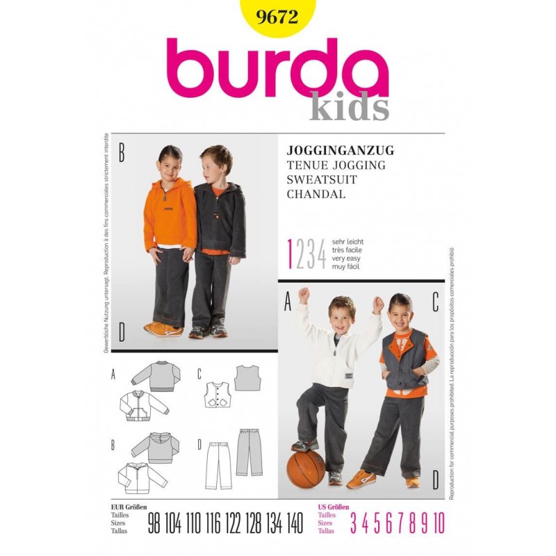 Burda Kids Jogging Suit Hooded Top Fabric Sewing Pattern 9672