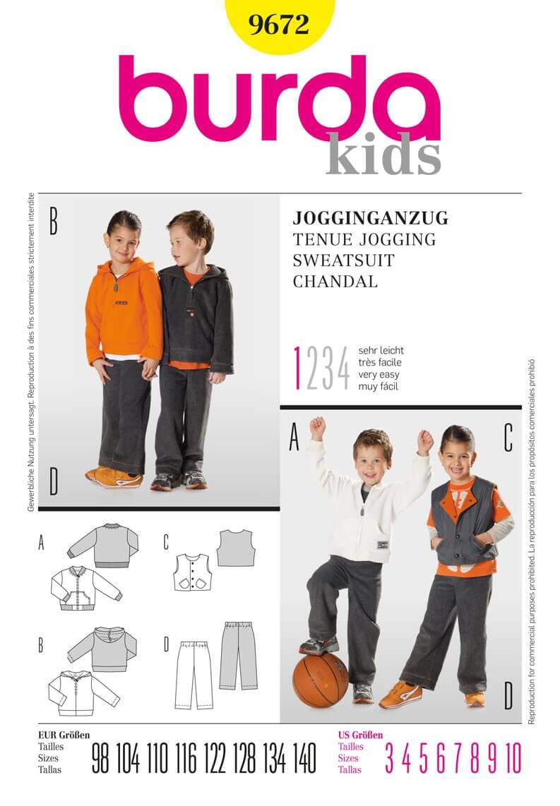 Burda Kids Jogging Suit Hooded Top Fabric Sewing Pattern 9672