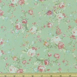 Green 100% Cotton Poplin Fabric Rose & Hubble Roses Bunches Flower Of Love