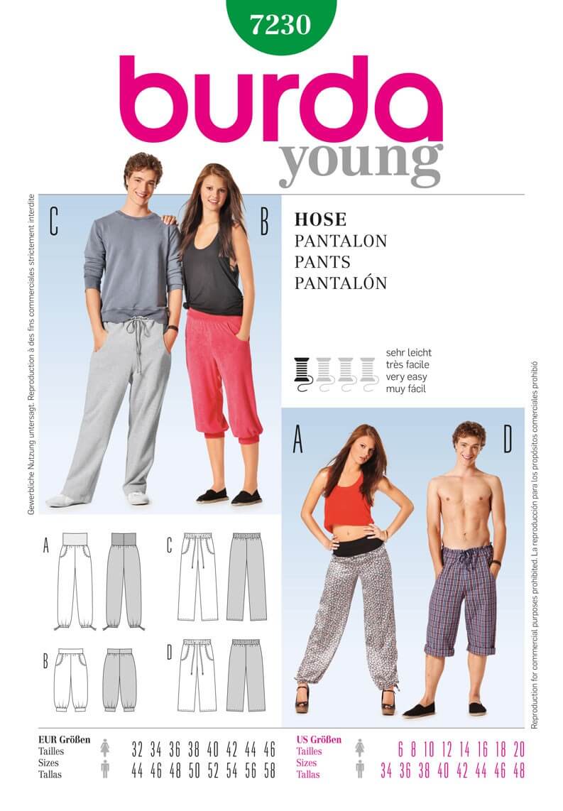 Burda Young Him & Her Sports Leisure Wear Fabric Sewing Pattern 7230