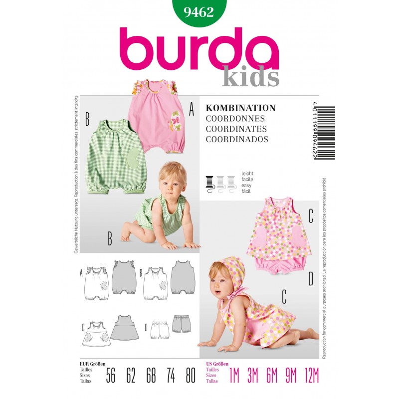 Burda Kids Baby Jumpsuit & Dress Fabric Sewing Pattern 9462