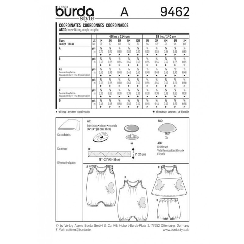 Burda Kids Baby Jumpsuit, Dress and Pants Fabric Sewing Pattern 9462