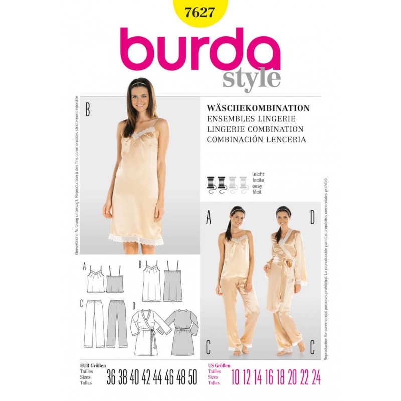 Burda Ladies Lingerie Nightwear Fabric Sewing Pattern 7627