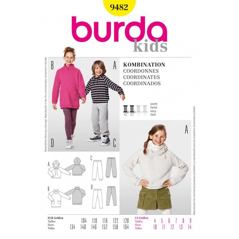 Burda Kids Girls Boys Hoody Jogging Leggins Fabric Sewing Pattern 9482