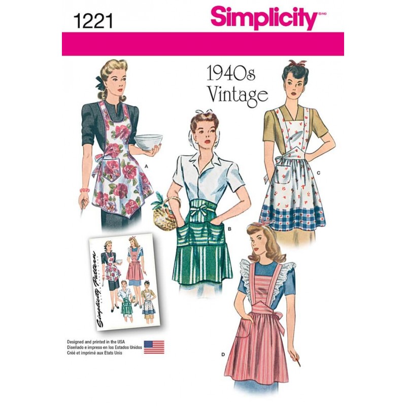 1940's Vintage Aprons Simplicity Fabric Sewing Pattern 1221