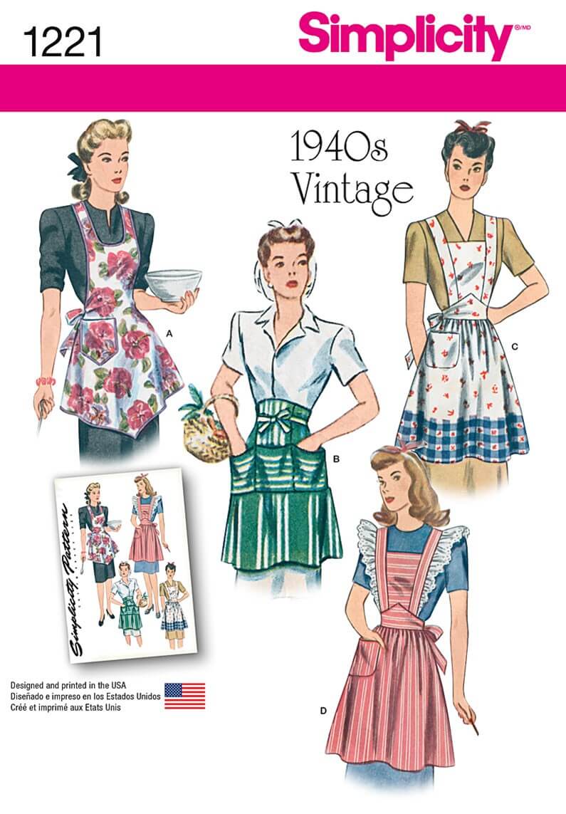 1940's Vintage Aprons Simplicity Fabric Sewing Pattern 1221