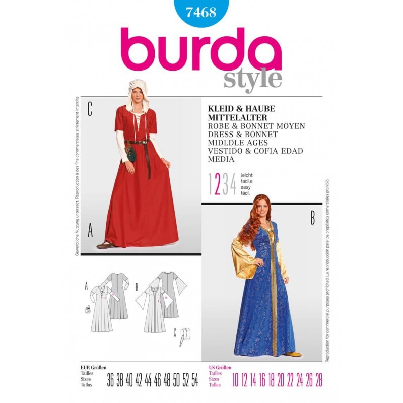 Burda Middle Age Dress & Bonnet Fancy Dress Costume Fabric Sewing Pattern 7468