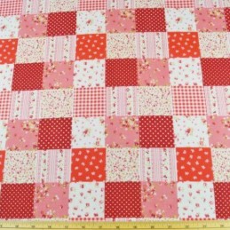 Polycotton Patchwork Floral Ditsy Flowers Squares Bows Fabric Red