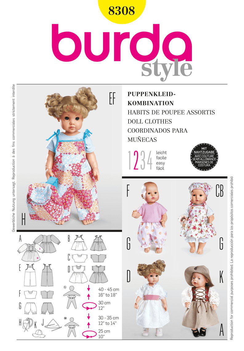 Burda Style Dolls Clothes Dress Trousers Costume Fabric Sewing Pattern 8308