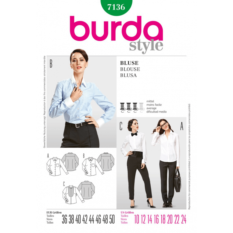 Burda Style Shirt Blouse Vintage Designs Fabric Sewing Pattern 7136