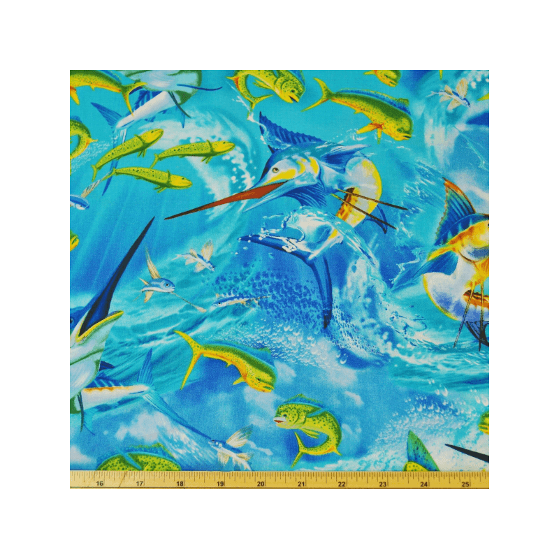 Sword & Flying Fish Sea Ocean Life 100% Cotton Fabric