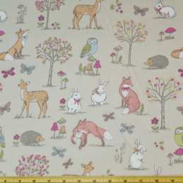 Taupe 100% Cotton Fabric Lifestyle Woodland Animals