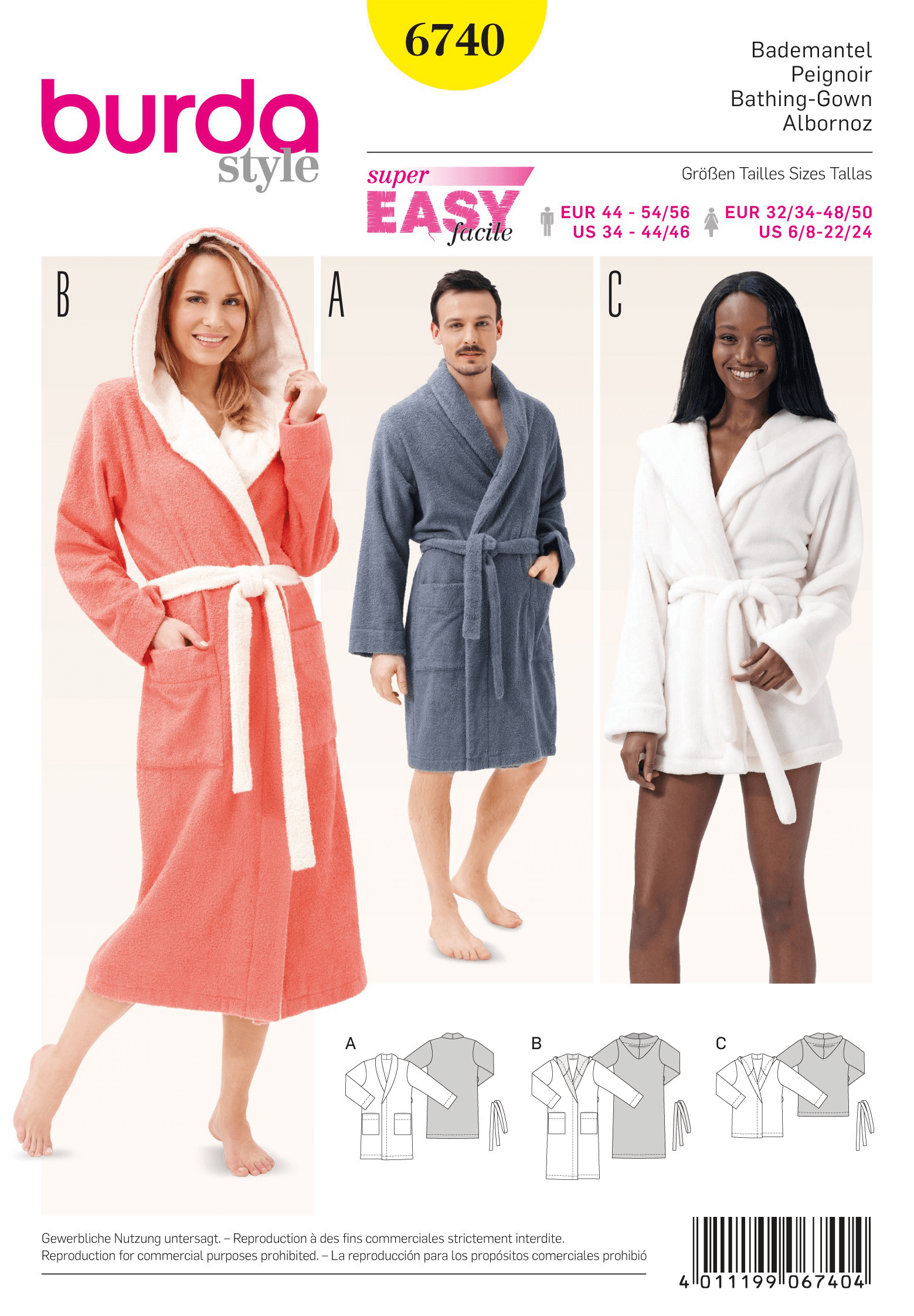Burda Style His and Hers Bathrobes Unisex Fabric Sewing Pattern 6740