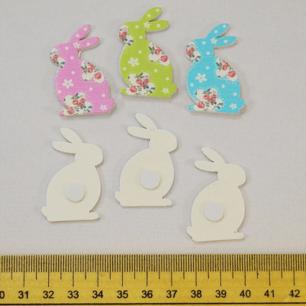 6 x Wooden Rabbits Floral Pattern Embellishments 