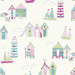 Candy 100% Cotton Fabric Lifestyle Beach Huts Happy Days