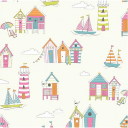 Tutti Frutti 100% Cotton Fabric Lifestyle Beach Huts Happy Days