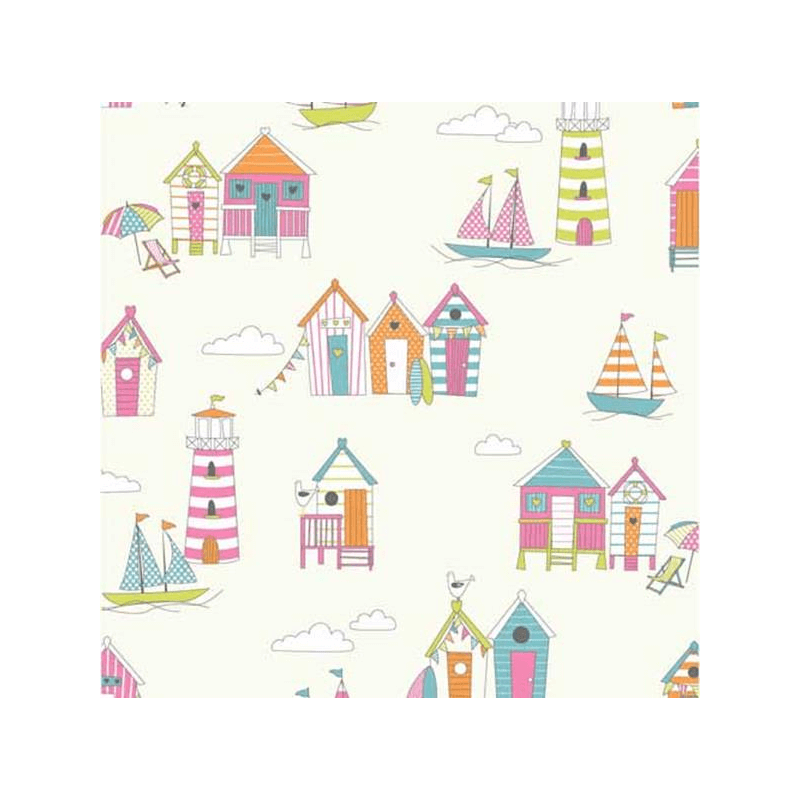 Tutti Frutti 100% Cotton Fabric Lifestyle Beach Huts Happy Days