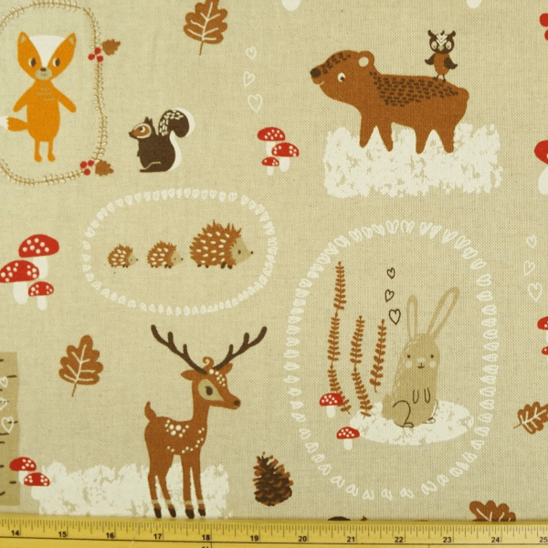 Baby Woodland Creatures and Hearts Cotton Rich Linen Look Upholstery Fabric