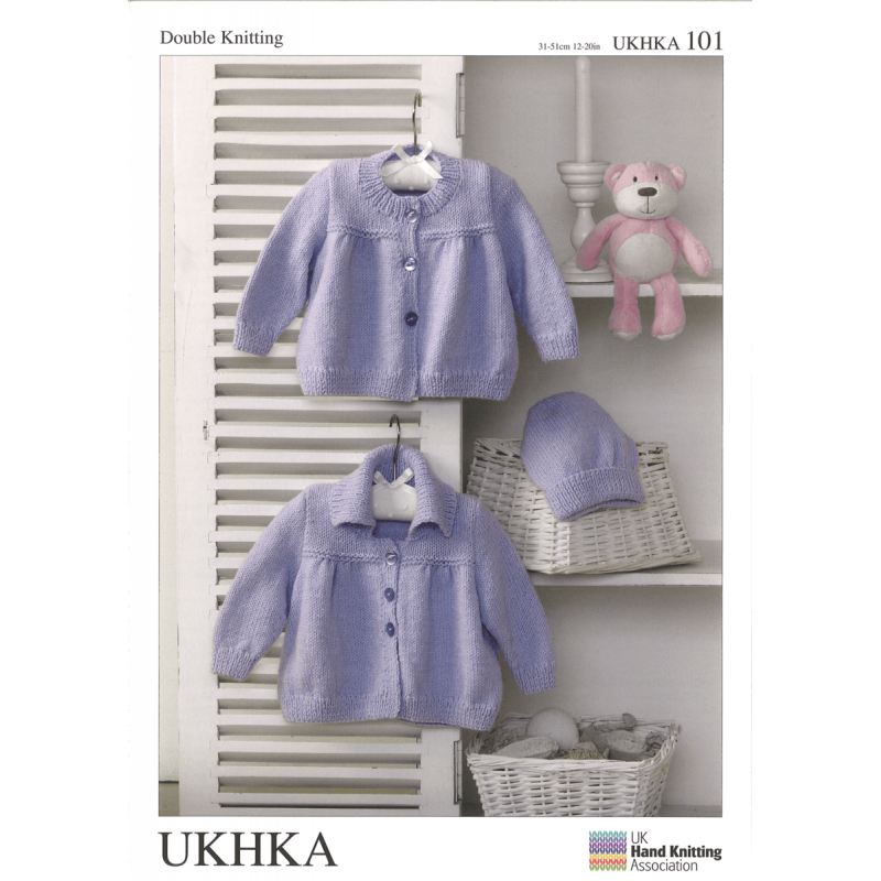 Baby Jackets Crew Neck or Collar and Winter Hat Knitting Pattern UKHKA101
