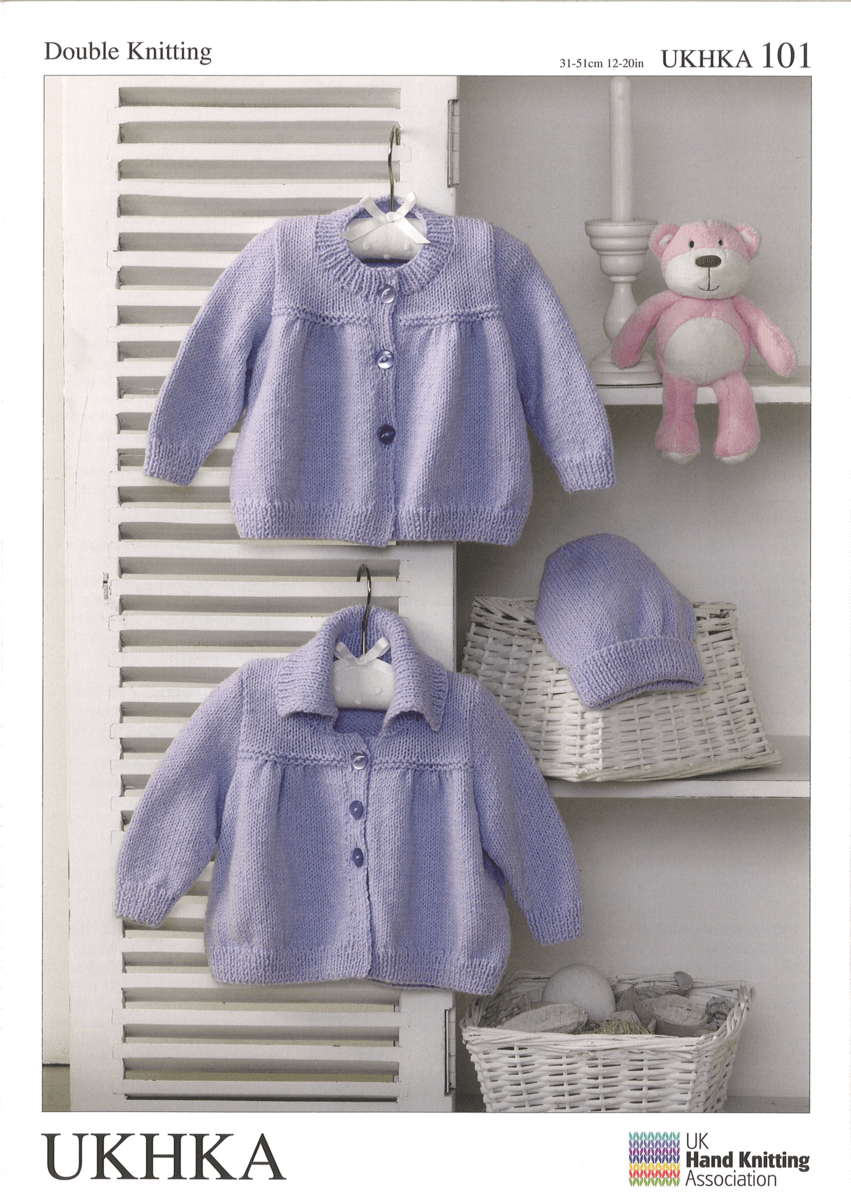 Baby Jackets Crew Neck or Collar and Winter Hat Knitting Pattern UKHKA101