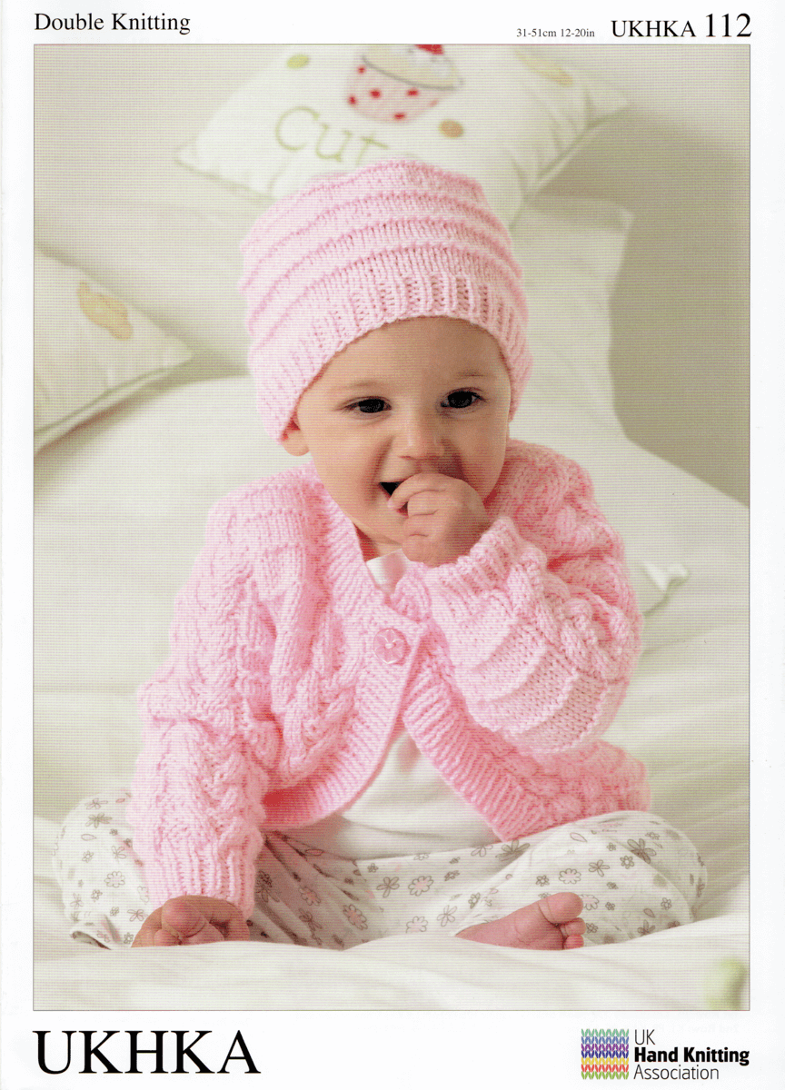 Double Knitting DK Pattern Baby Cable or Moss Stitch Sweater Scarf Hat UKHKA 117 
