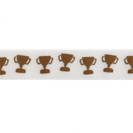 15mm x 3.5m Satin Trophy Cup Gold On White Ribbon Celebration