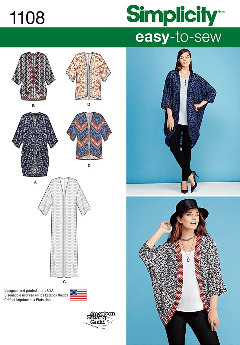 Misses' Kimonos in Different Styles Cardigan Simplicity Sewing Pattern 1108