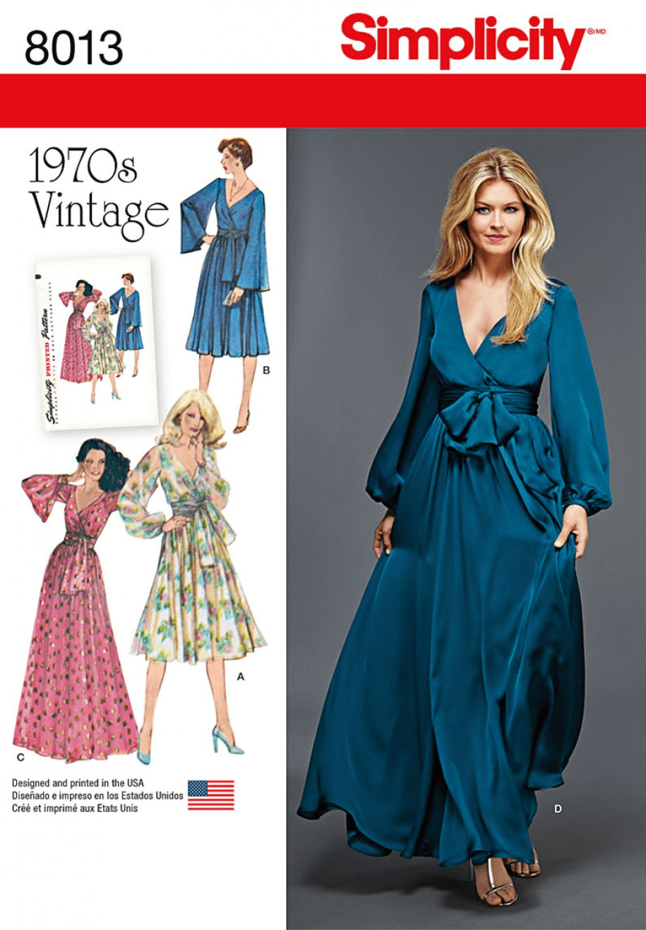 Misses' Vintage 1970's Faux Wrap Tie Dresses Simplicity Sewing Pattern 8013