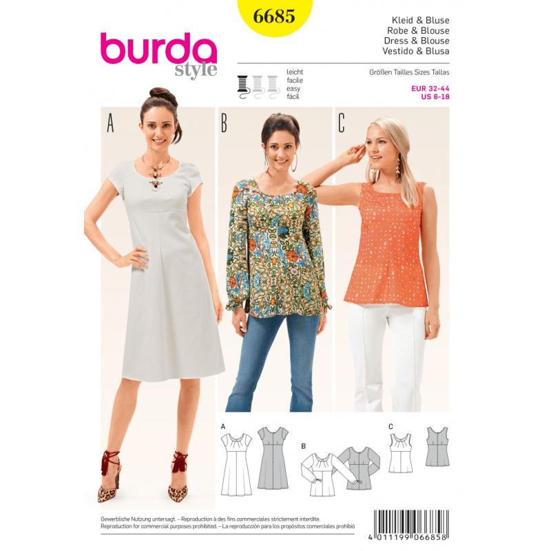 Misses Dress Blouse or Vest Top with Dart Neck Detail Burda Sewing Pattern 6685