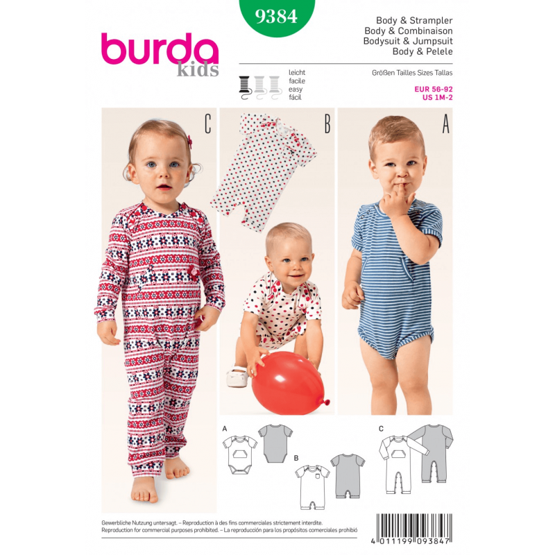 Kids Babies Bodysuit Babygrow Romper Burda Sewing Pattern 9384