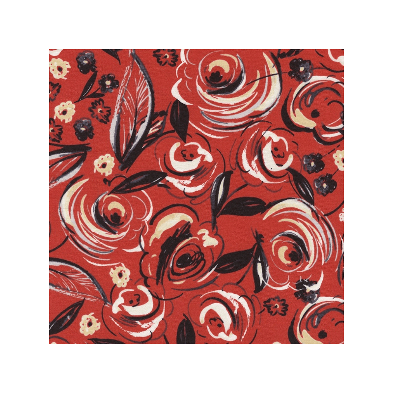 Sketchy Artistic Painted Roses and Leaves on Red 100% Cotton Patchwork Fabric