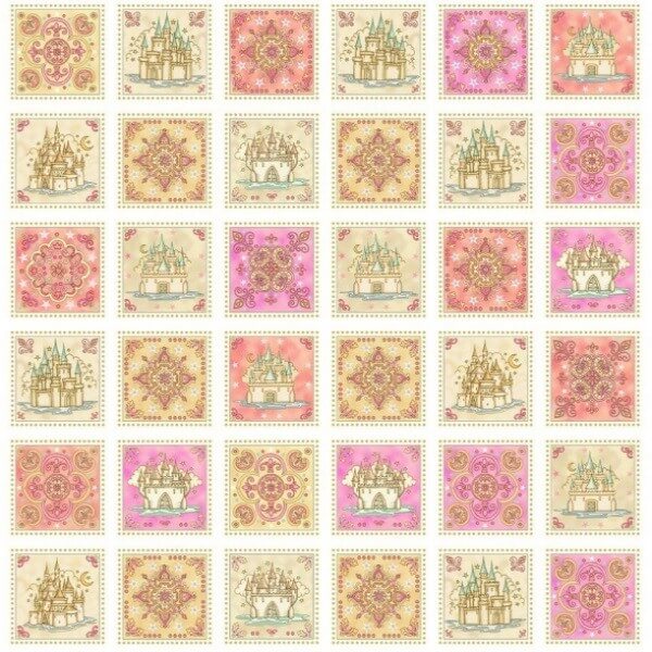 Royal Princess Castles And Flowers Squares 100% Cotton Fabric