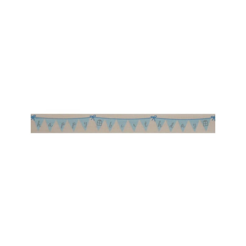 Bowtique Natural Happy Birthday Bunting Blue Ribbon 15mm x 5m Reel