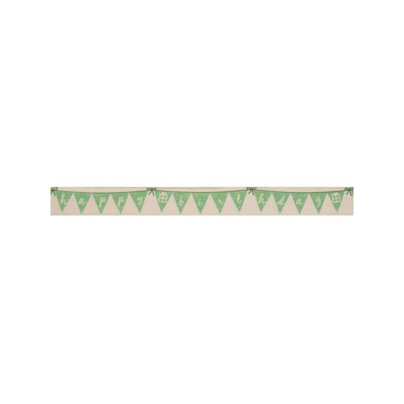 Bowtique Natural Happy Birthday Bunting Green Ribbon 15mm x 5m Reel