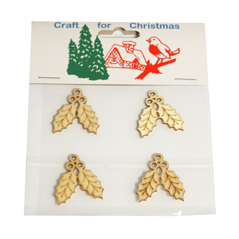 4 x Christmas Wooden Holly Embellishments Craft Cardmaking Scrapbooking