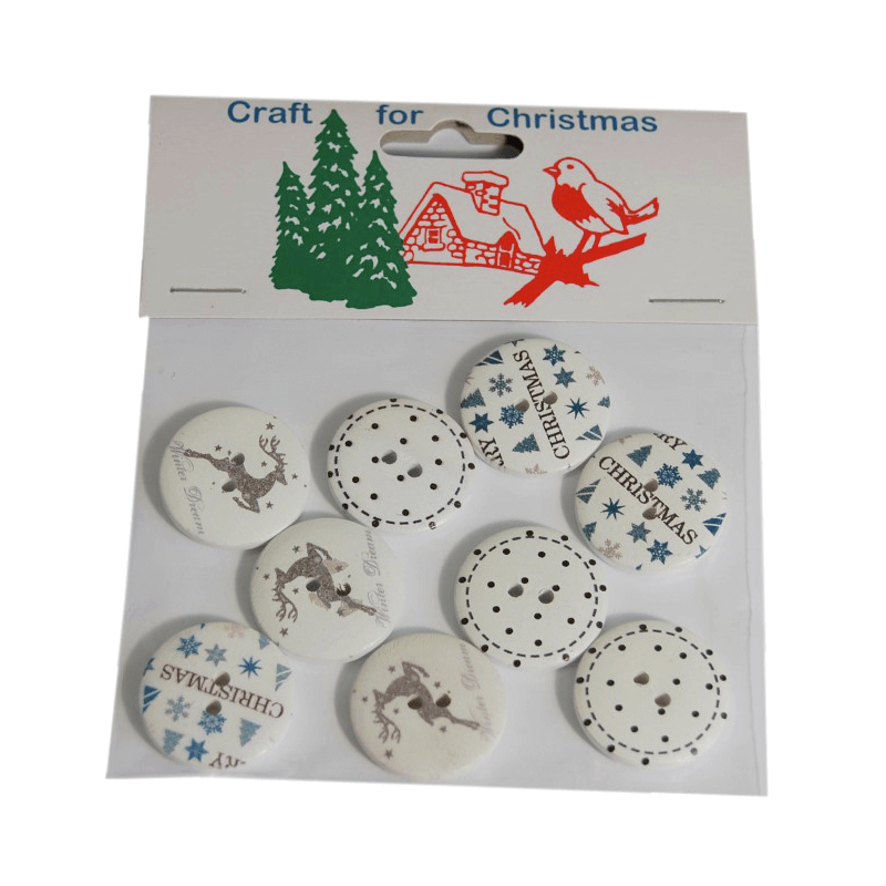 8x Christmas Wooden White Buttons Assorted  Stickers Embellishments Craft Cardmaking