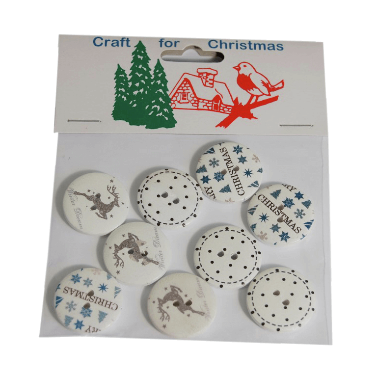 8x Christmas Wooden White Buttons Assorted  Stickers Embellishments Craft Cardmaking